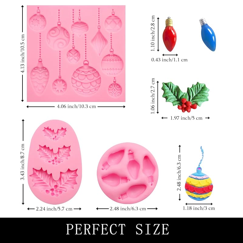 Pink Variation: Christmas Ornament Fondant Molds Set – 3 Pack Small Christmas Light Bulb