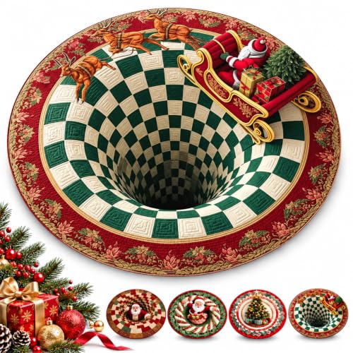 Christmas 3D Optical Illusion Rug - Santa Claus Holiday Decor, Round Non-Slip Mat (D)