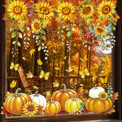 Fall Window Clings Pumpkin Sunflower Decor 8 Sheets Autumn Glass Stickers