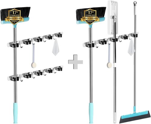 AceMining Wall Mounted Broom and Mop Holder - 3 Pack Heavy Duty Stainless Steel Organizer with 4 Hooks