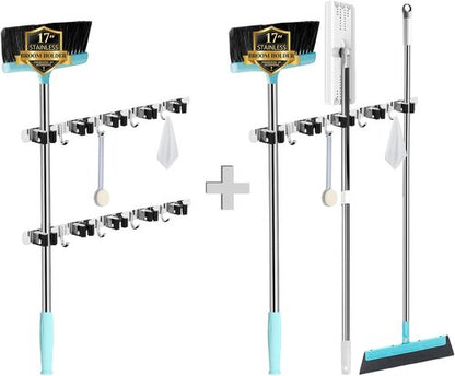 AceMining Wall Mounted Broom and Mop Holder - 3 Pack Heavy Duty Stainless Steel Organizer with 4 Hooks