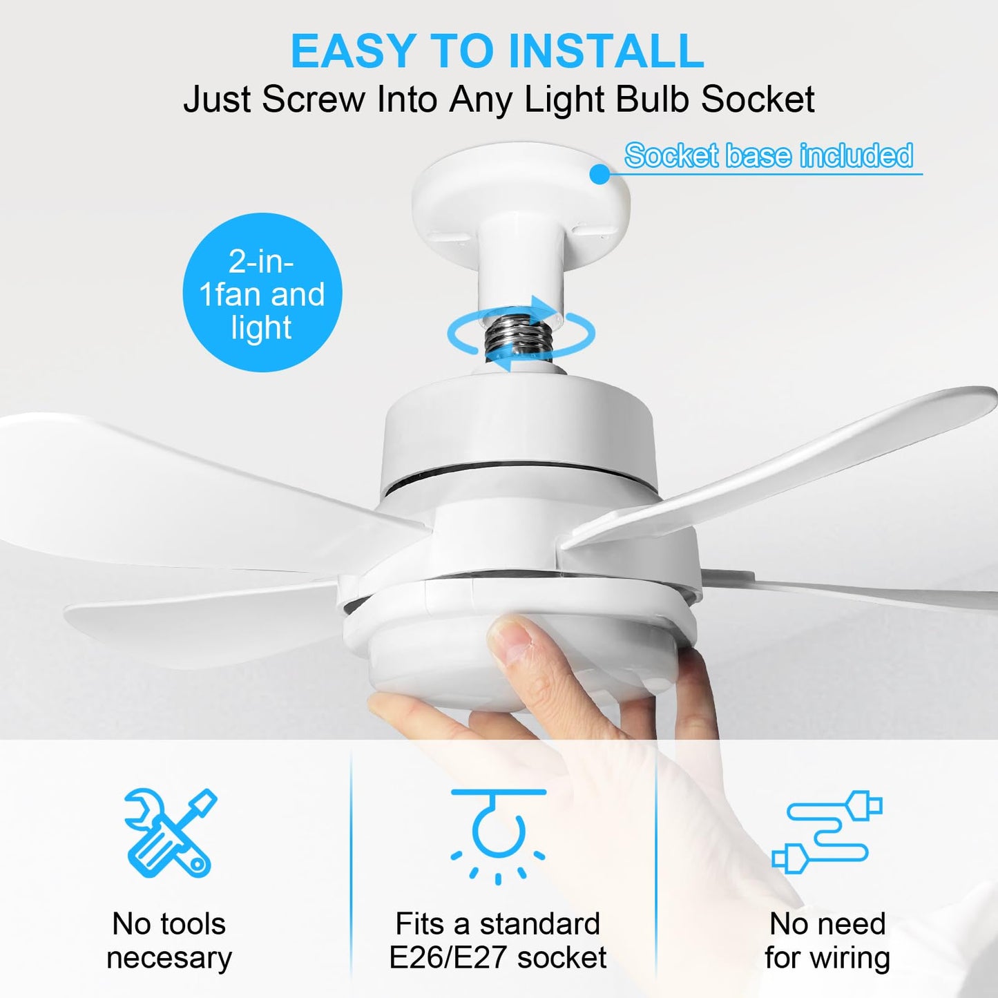 Socket Fan Light, Socket Fan, Socket Fan Light with Remote,Small Ceiling Fans with Lights,Screw in Ceiling Fan in Light Socket for Bedroom, Kitchen, Living Room, Garage (White, 15.8)
