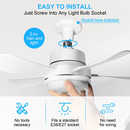 Socket Fan Light, Socket Fan, Socket Fan Light with Remote,Small Ceiling Fans with Lights,Screw in Ceiling Fan in Light Socket for Bedroom, Kitchen, Living Room, Garage (White, 15.8)