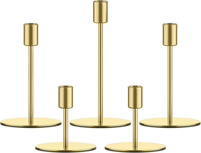 Smtyle Gold Taper Candle Holders - Set of 5 Matte Finial for Elegant Wedding & Dining Table Decor