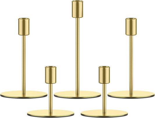 Smtyle Gold Taper Candle Holders - Set of 5 Matte Finial for Elegant Wedding & Dining Table Decor