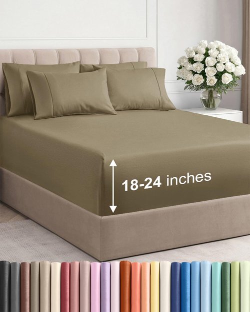 Extra Deep Cal King Sheet Set - 6 Piece Breathable and Cooling Sheets - Hotel Luxury Bedding for Women, Men, Kids & Teens - Easy Secure Fit - Soft, Wrinkle Free and Comfy - Extra Deep Pockets - Khaki