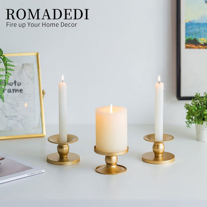 Romadedi Gold Candle Holders - Elegant Pillar & Taper Candle Sticks for Weddings | 4-Piece Set