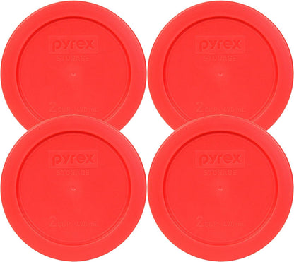 Pyrex 7200-PC Red 2 Cup Round Plastic Food Storage Lid, Made in USA - 4 Pack - Original Genuine Pyrex - Made in the USA
