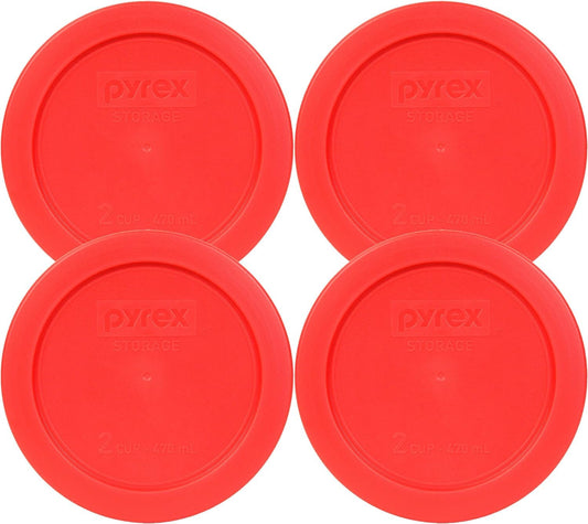 Pyrex 7200-PC Red 2 Cup Round Plastic Food Storage Lid, Made in USA - 4 Pack - Original Genuine Pyrex - Made in the USA