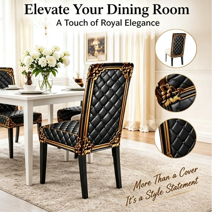 6 Pack Gold Baroque Stretch Dining Chair Covers - Elegant, Washable Furniture Protectors