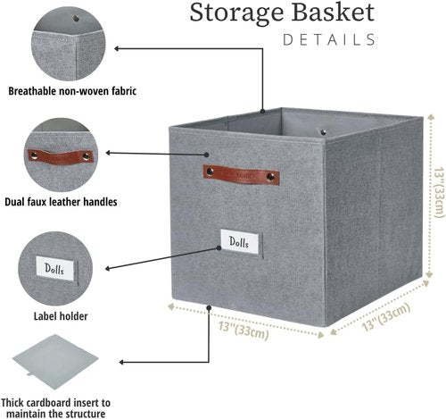 DECOMOMO Storage Cubes - 13x13x13 Fabric Organizer Bins with Labels | 6-Pack in Texture Grey