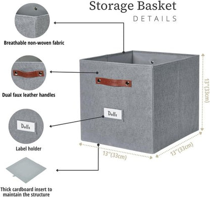 DECOMOMO Storage Cubes - 13x13x13 Fabric Organizer Bins with Labels | 6-Pack in Texture Grey