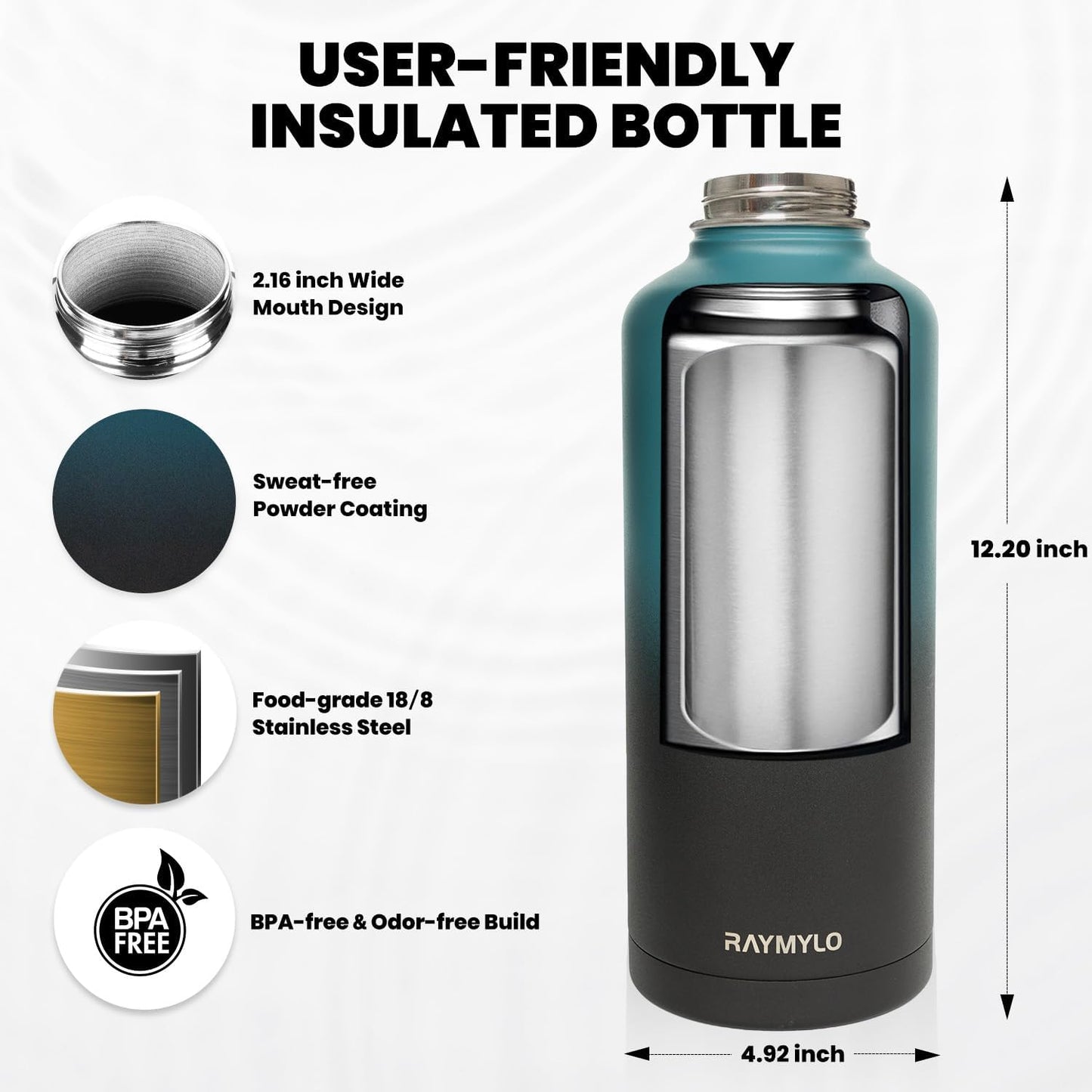 Skiennix Insulated Water Bottle - 87 Oz Triple Wall Vacuum Stainless Steel | Cold for 48 Hrs, Leak Proof, Indigo/Black