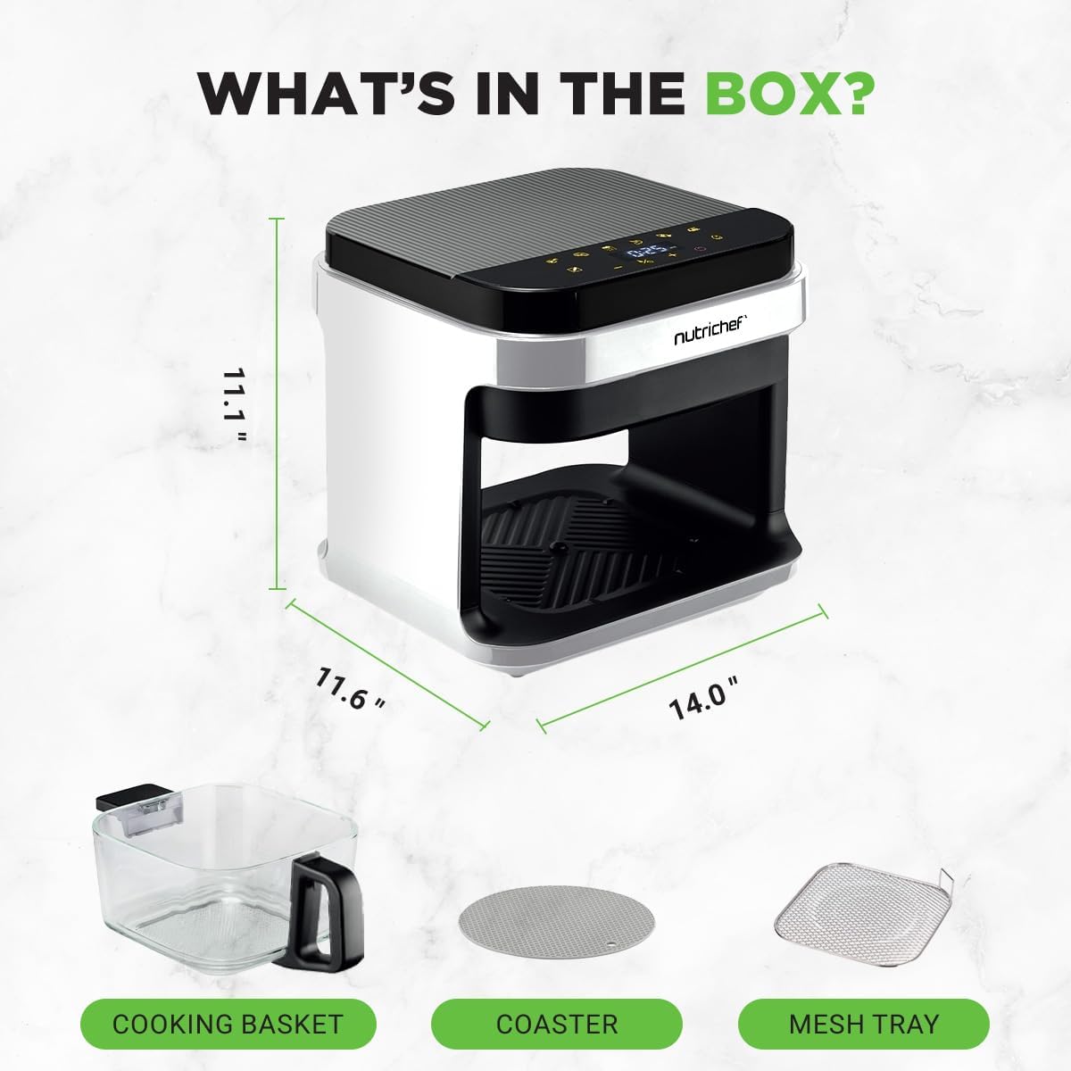 Nutrichef 5.8 Quart Air Fryer - 8-in-1 Cooking Modes | Transparent Fry Bowl for Perfect Results | White