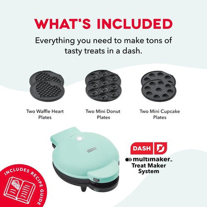 Dash MultiMaker® Treat Maker System - Create Mini Donuts, Cupcakes & Heart-Shaped Waffles - Aqua, Easy-Clean Design