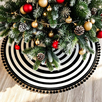 Black and White Christmas Tree Skirt 36 Inch Holiday Decor with Pom-Pom Trim - Halloween & Xmas
