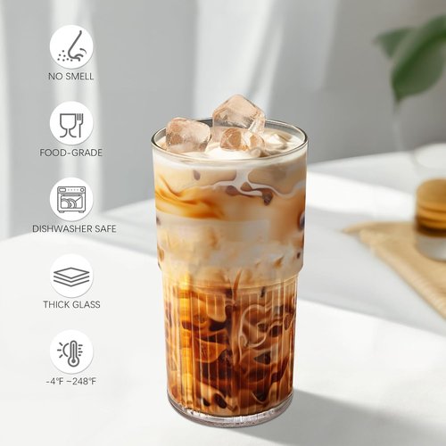 Luiaiog Glass Cups - 18.5oz Reusable Tumblers with Lids & Straws | Shatter-Resistant, Ideal for Iced Coffee & Smoothies