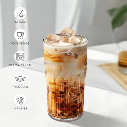 Luiaiog Glass Cups - 18.5oz Reusable Tumblers with Lids & Straws | Shatter-Resistant, Ideal for Iced Coffee & Smoothies