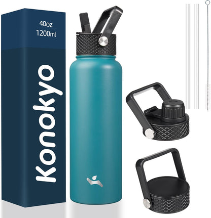 Skiennix 40oz Insulated Water Bottle - Durable Stainless Steel | Includes 3 Lids, Light Blue