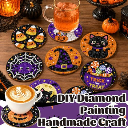 Halloween Diamond Art Coaster Set with Holder - Cat Spider Pumpkin Bat Ghost DIY Crafts Kit - Variation Halloween-7