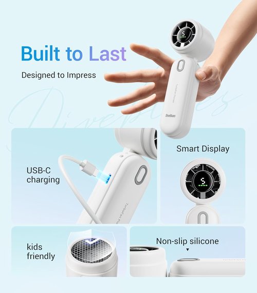 Diveblues High-Speed Portable Handheld Turbo Fan - USB Rechargeable, Compact Design for Travel & Home (White)