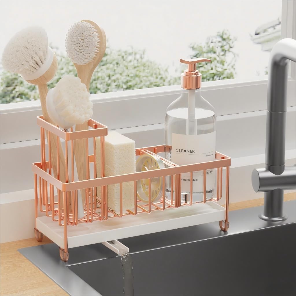 Cisily Sponge Holder for Kitchen Sink, Sink Caddy Organizer with High Brush Holder, Kitchen Countertop Organizers and Storage Essentials, Rustproof 304 Stainless Steel (Rose Gold, 9.25″)