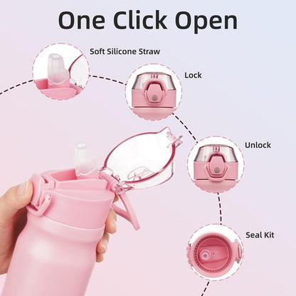 BJPKPK Stainless Steel Insulated Water Bottle - 14oz Reusable Thermal Flask with Straw Lid | Light Pink