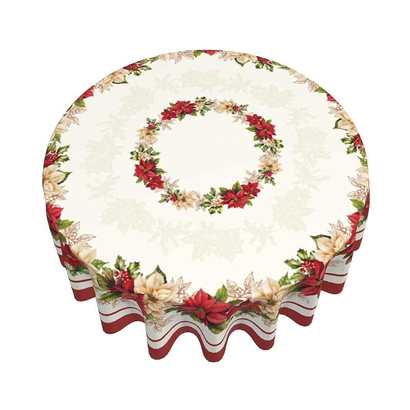 60-Inch Round Christmas Tablecloth with Winter Floral Leaves - Aytipun