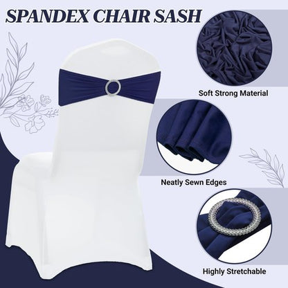 MDS Spandex Chair Sashes - Universal Fit Elastic Stretch Bands with Buckle Slider Bow | Navy Blue - Pack of 250