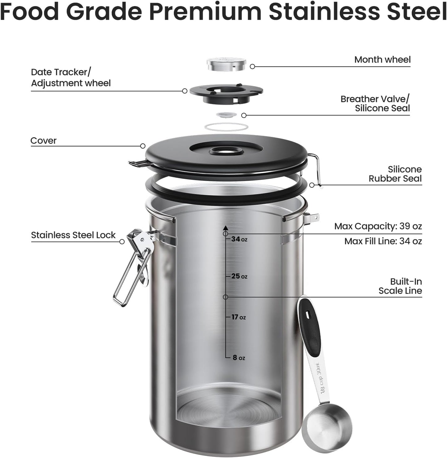 Veken Coffee Canister - 39oz Airtight Stainless Steel Storage for 2.2lbs Coffee, Sugar & Tea | Silver with Date Tracker & Scoop