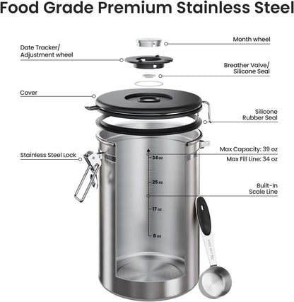 Veken Coffee Canister - 39oz Airtight Stainless Steel Storage for 2.2lbs Coffee, Sugar & Tea | Silver with Date Tracker & Scoop