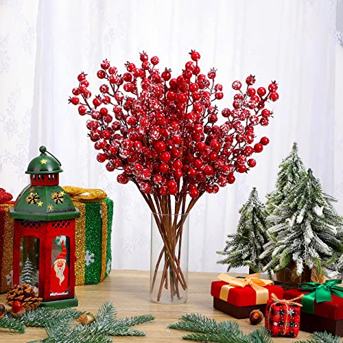 12 Pcs Artificial Frosted Red Berry Picks for Christmas Decor 16 Inch Holly Stems