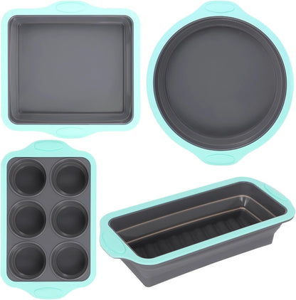 Skiennix Silicone Baking Pan Set - 4PCS Nonstick Kitchen Bakeware with Grip Handles & Metal Frame