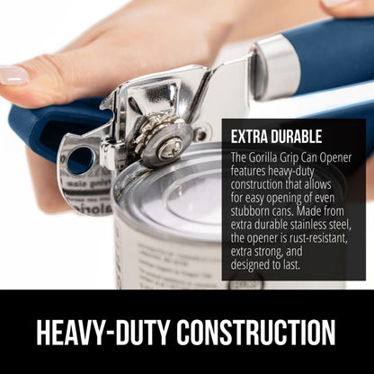 The Original Gorilla Grip Heavy Duty Stainless Steel Smooth Edge Manual Hand Held Can Opener With Soft Touch Handle, Rust Proof Oversized Handheld Easy Turn Knob, Large Lid Openers, Blue