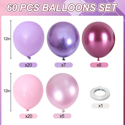 Regine Switzerland 60 PCS Pink & Purple Balloons - 12 Inch Metallic Latex for Princess Birthday & Baby Shower Decorations