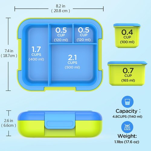 Caperci Bento Lunch Box for Kids - Large 4.8 Cups, Leak-Proof, Portable Handle | Blue/Juicy Pear