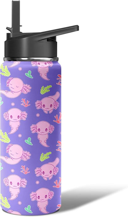 Axolotl Water Bottle - 18oz Stainless Steel Tumbler, Leakproof & BPA-Free for School & Sports