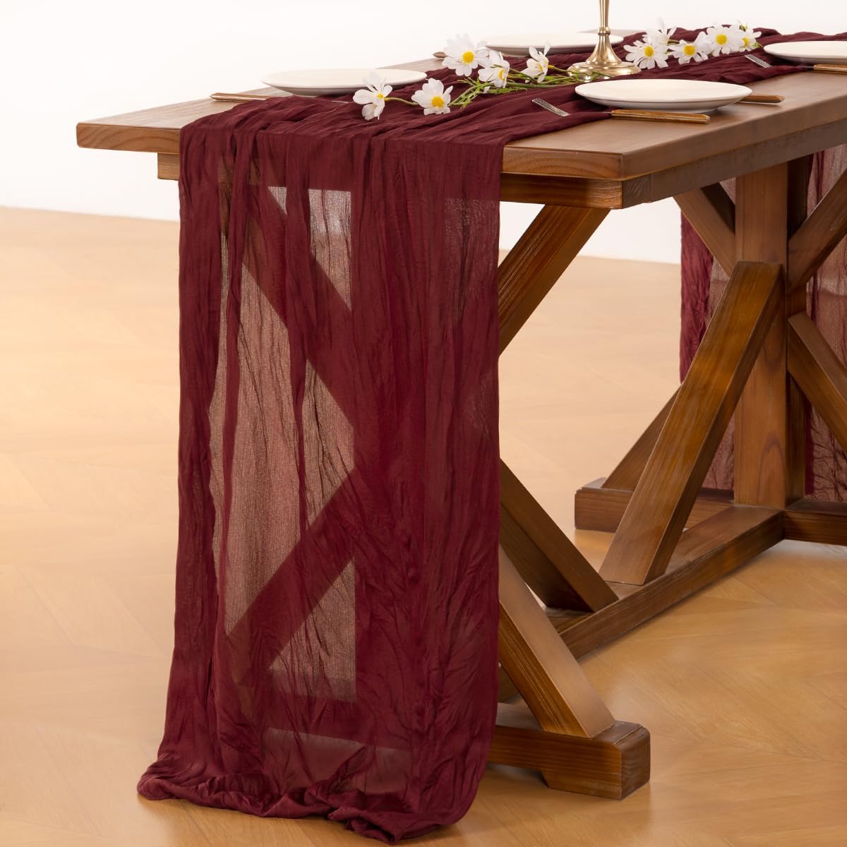 **Socomi Burgundy Red Table Runner - Boho Rustic Cheesecloth Design | 120 Inch for Weddings & Events**