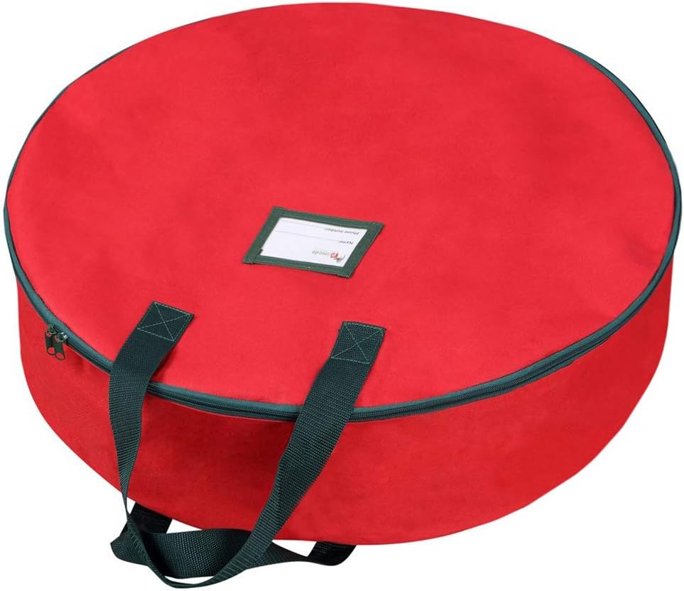 Primode Christmas Wreath Storage Bag - 24" Artificial Wreath Container with Sturdy Handles & Dual Zipper - Red (2 Pack)