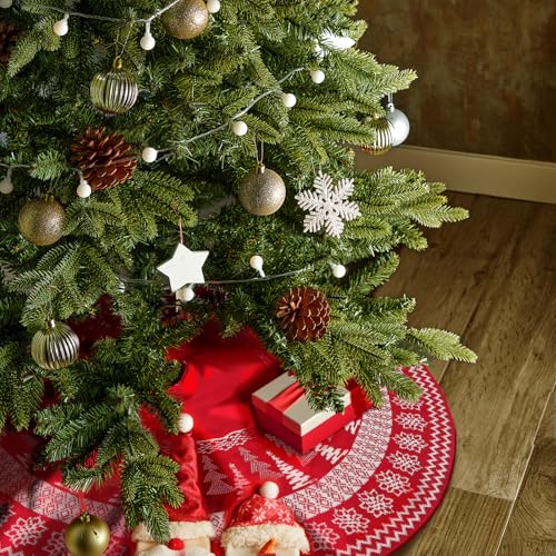 Knitted Christmas Tree Skirt 48 Inch Snowflake Cable Knit Holiday Decor Red Burgundy