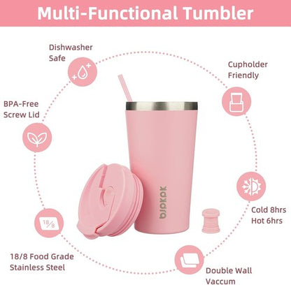 BJPKPK 18oz Insulated Stainless Steel Travel Coffee Mug - Light Pink with Lid & Straw