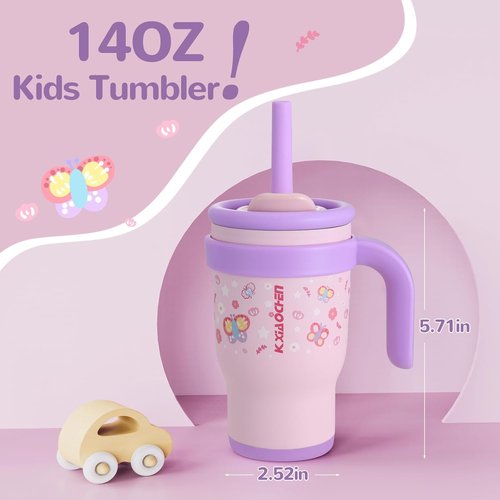 KXIAOCHEN Toddler Tumbler - Spill Proof 14 Oz Insulated Stainless Steel | Keeps Drinks Cold 24 Hrs, Pink Butterfly