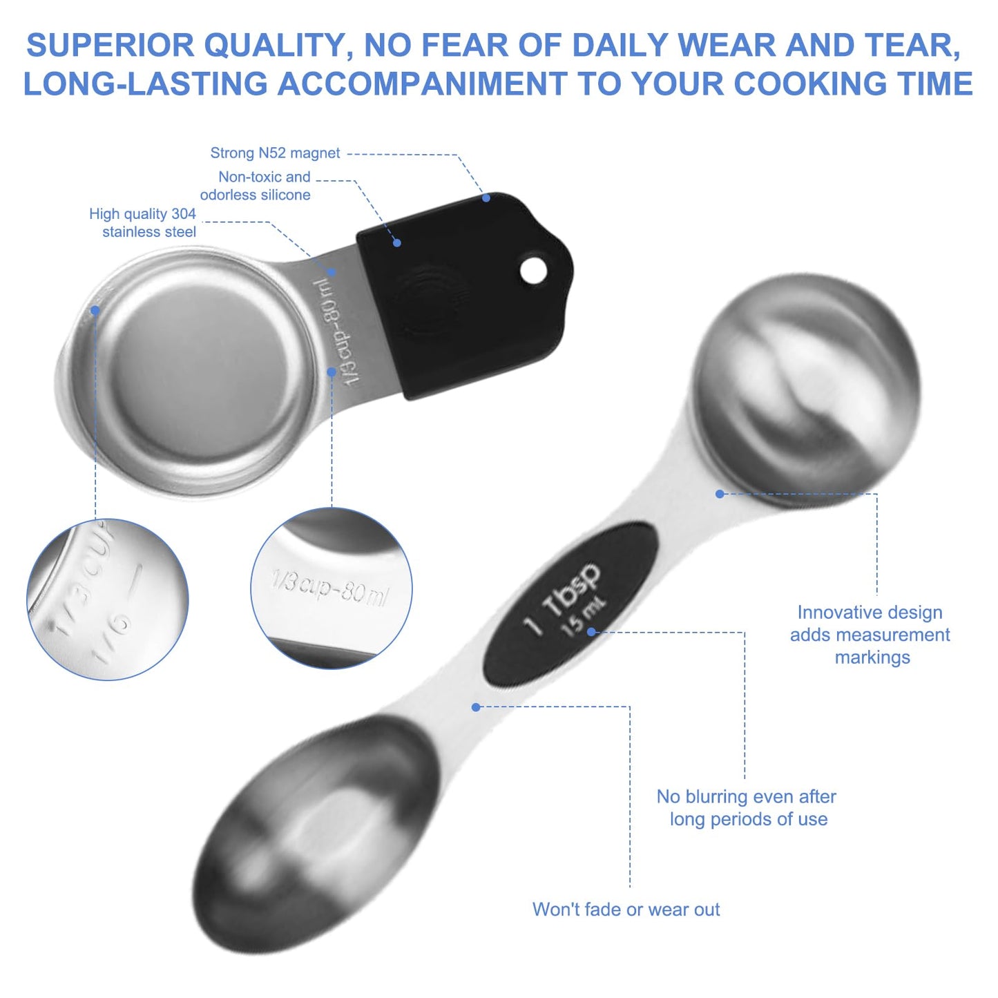 Spalivivre Magnetic Measuring Cups and Spoons Set, 16PCS with 7 Stainless Steel Measuring Cups 8 Magnetic Spoons and 1 Leveler for Measure Dry and Liquid Ingredients, Dishwasher Safe and Stackable