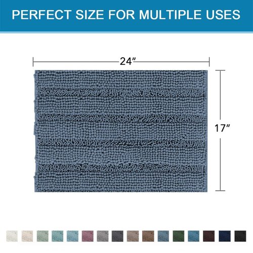 H.VERSAILTEX Bath Mats for Bathroom Non Slip Thick Chenille Striped Bath Rug Absorbent Fluffy Soft Shaggy Rugs Washable Dry Fast Plush Mats for Indoor, Bath Room, Tub - 17" x 24", Blue Indigo