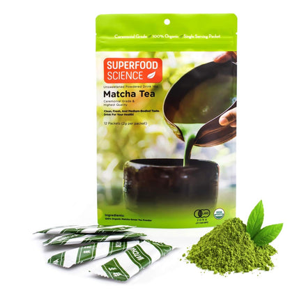 Superfood Science Ceremonial Grade Matcha Powder Packets, 12 Matcha Individual Packets, Unsweetened Organic Matcha Green Tea from Uji, Japan, 2 g/packet for Antioxidant, Alkalizer, & Mental Alertness