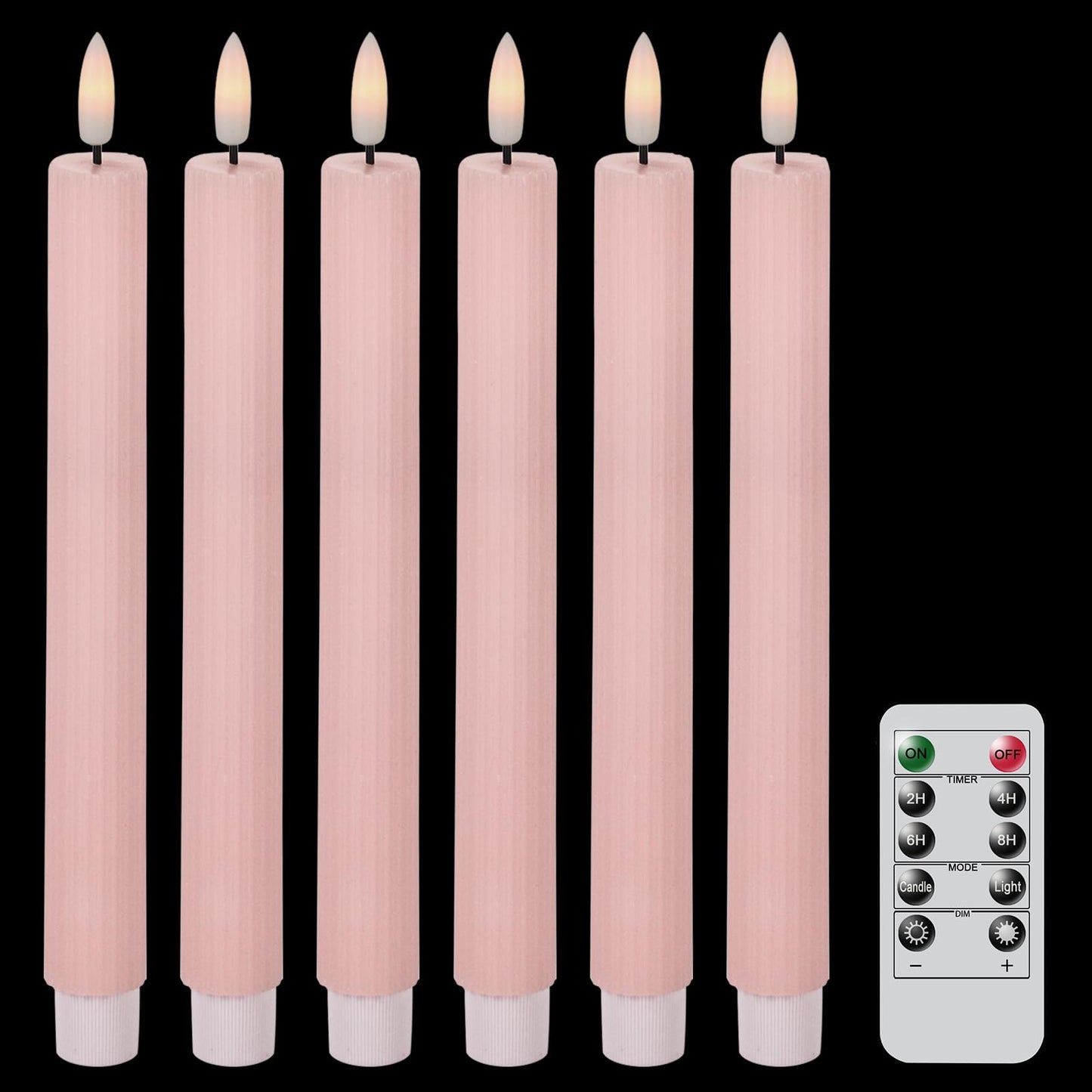 Wondise Pink Flameless Flickering Taper Candles with 10-Key Remote and Timer, Battery Operated 3D Wick Real Wax LED Taper Candles 6 Packs for Spring Dinner Holiday Decor(0.78 x 9.45 Inch)