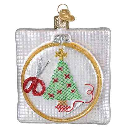 Christmas Cross Stitch Ornament - Handcrafted Glass Clip Hoops - Variation: Christmas Cross Stitch