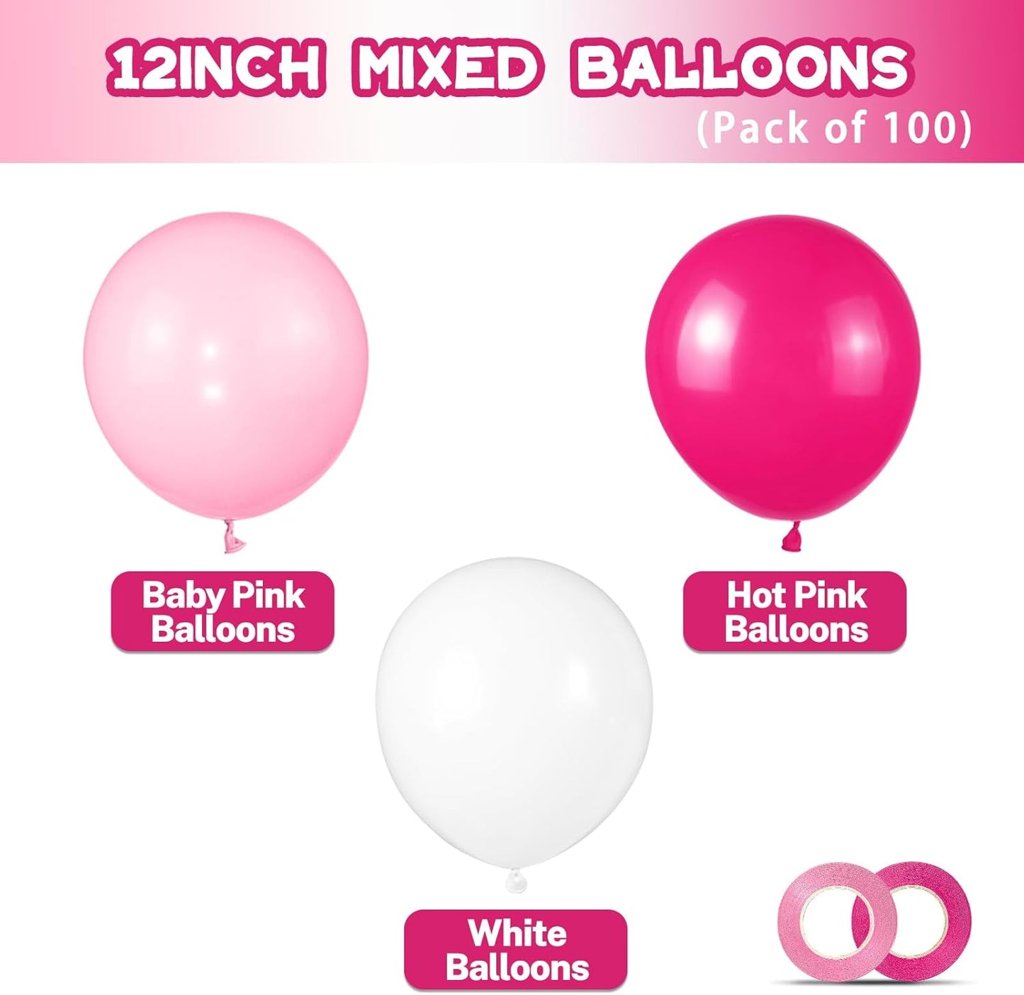 Skiennix Pink & White Balloons - 100pcs 12 Inch Hot Pink & Pastel Pink for Celebrations | Mother's Day, Birthdays, Weddings
