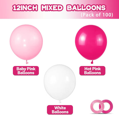 Skiennix Pink & White Balloons - 100pcs 12 Inch Hot Pink & Pastel Pink for Celebrations | Mother's Day, Birthdays, Weddings