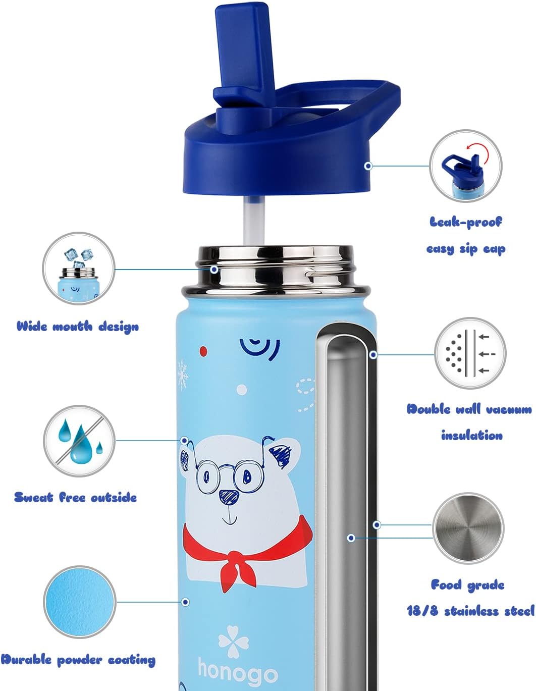 Skiennix 16 oz Stainless Steel Insulated Kids Water Bottle - Leak Proof Thermal Flask with Straw Lid | Cute Blue Bear Design for School